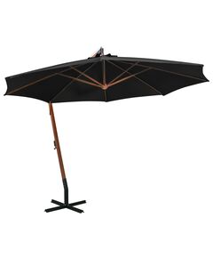 Umbrelă suspendată cu stâlp, negru, 3,5x2,9 m, lemn masiv brad