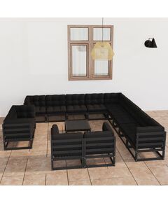 Set mobilier de grădină cu perne14 piese, negru, lemn masiv pin