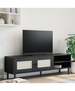 Comodă tv senja aspect ratan negru, 158x40x49cm, lemn masiv pin