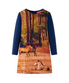 Rochie pentru copii cu mâneci lungi, imprimeu cai, bleumarin, 128