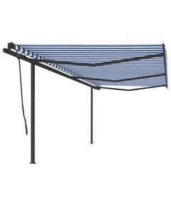 Copertină retractabilă automat cu stâlpi, albastru&alb, 6x3,5 m