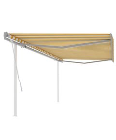 Copertină retractabilă manual cu stâlpi, galben și alb 5x3,5 m