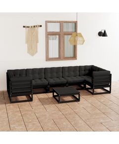 Set mobilier grădină cu perne, 8 piese, negru, lemn masiv pin