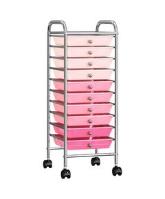 Cărucior de depozitare mobil cu 10 sertare, roz ombre, plastic