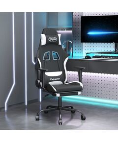 Scaun de gaming cu suport picioare, negru și alb, textil