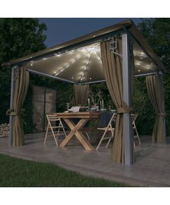 Pavilion cu perdele&șiruri lumini led gri taupe 3x3 m aluminiu