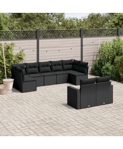 Set mobilier de grădină cu perne, 9 piese, negru, poliratan