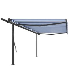 Copertină retractabilă manual, cu stâlpi, albastru & alb, 5x3 m