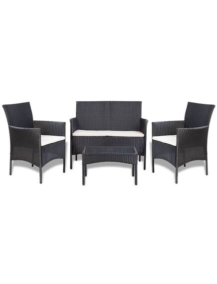 Set mobilier de grădină cu perne, 4 piese, negru, poliratan