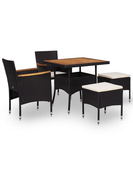 Set mobilier de exterior 5 piese, negru, poliratan, lemn acacia