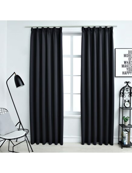 Draperii opace cu cârlige, 2 buc., negru, 140 x 245 cm