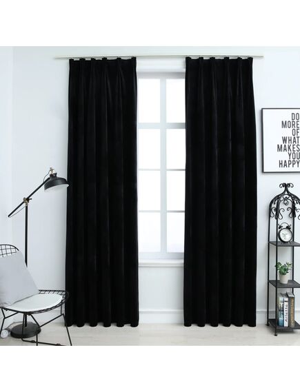 Draperii opace cu cârlige, 2 buc., negru, 140x245 cm, catifea