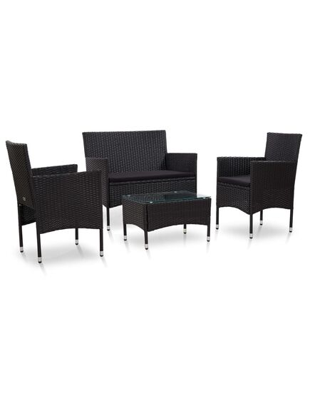 Set mobilier de grădină cu perne, 4 piese, negru, poliratan