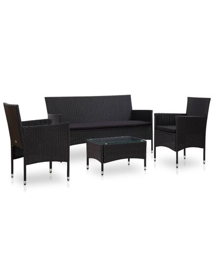 Set mobilier de grădină cu perne, 4 piese, negru, poliratan