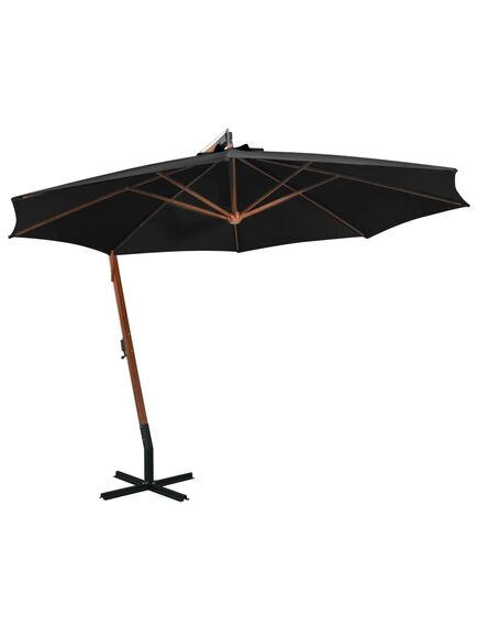 Umbrelă suspendată cu stâlp, negru, 3,5x2,9 m, lemn masiv brad