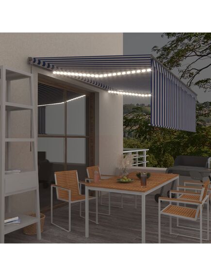 Copertină retractabilă manual cu stor&led, albastru&alb, 4,5x3m