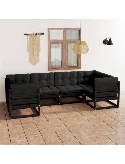 Set mobilier grădină cu perne, 6 piese, negru, lemn masiv pin