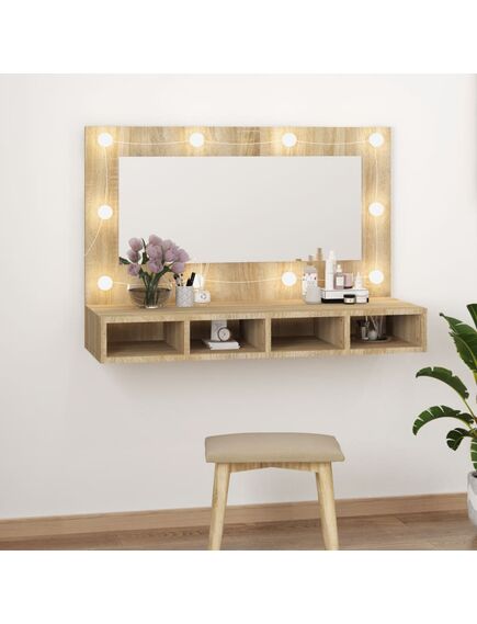 Dulap cu oglindă și led, stejar sonoma, 90x31,5x62 cm