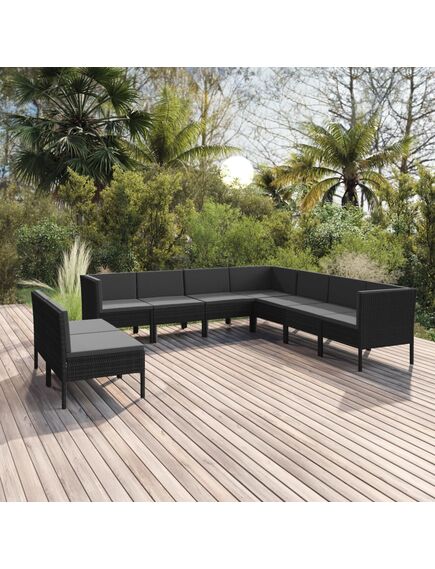 Set mobilier de grădină cu perne, 9 piese, negru, poliratan