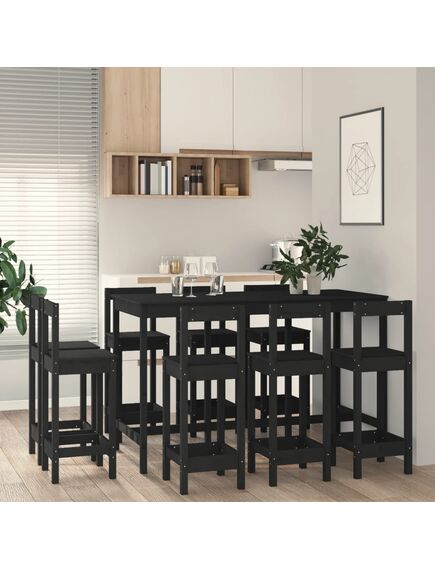 Set mobilier de bar, 9 piese, negru, lemn masiv de pin