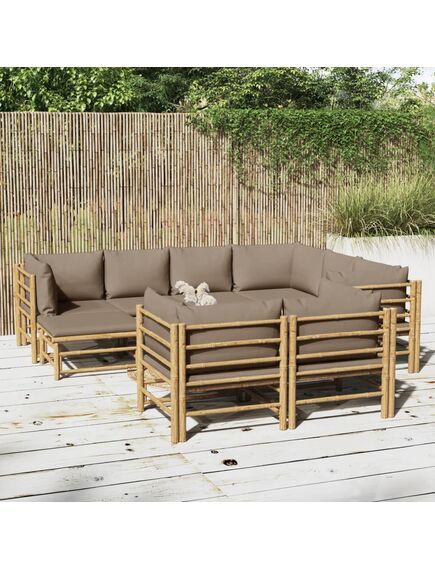 Set mobilier de grădină cu perne gri taupe, 10 piese, bambus