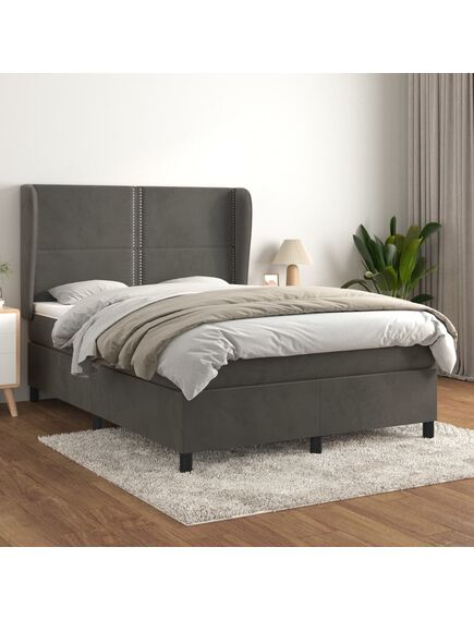 Pat box spring cu saltea, gri închis, 140x200 cm, catifea