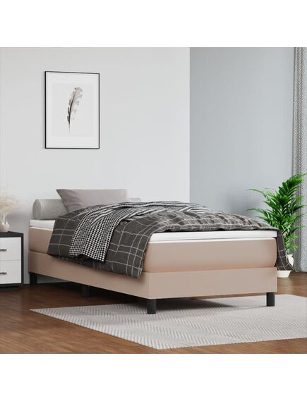 Pat box spring cu saltea, cappuccino, 90x200 cm piele ecologică