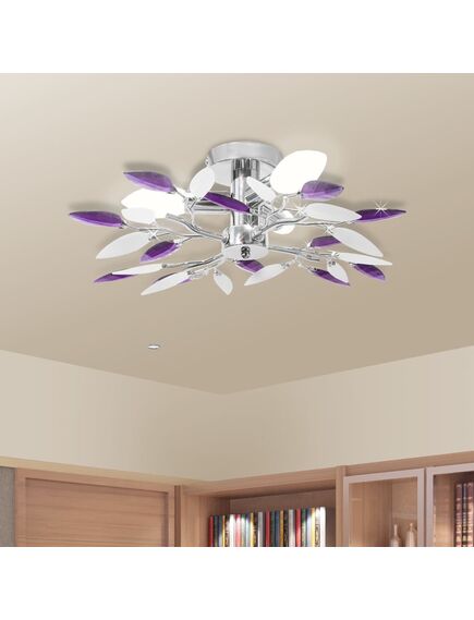 Lustră cu frunze cristal acrilic, alb/violet, pentru 3 becuri e14