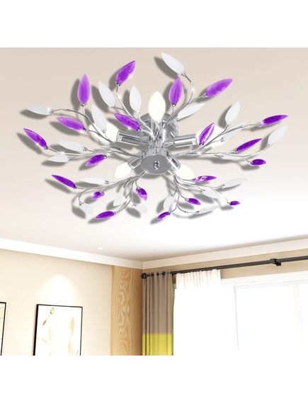 Plafoniera violet/albă brațe frunze cristal acrilic 5 becuri e14