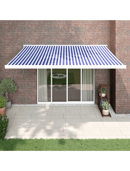 Copertină retractabilă albastru/alb, 4x3 m, textil/aluminiu