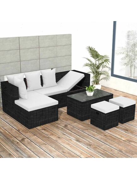 Set mobilier de grădină cu perne, 4 piese, negru, poliratan