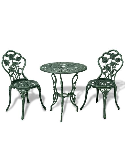 Set mobilier de bistro, 3 piese, verde, aluminiu turnat