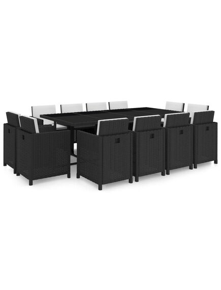 Set mobilier de exterior cu perne, 13 piese, negru, poliratan