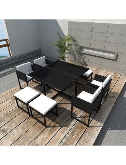 Set mobilier de exterior cu perne, 9 piese, negru, poliratan