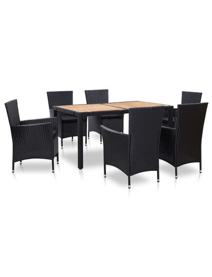 Set mobilier de exterior cu perne, 7 piese, negru, poliratan