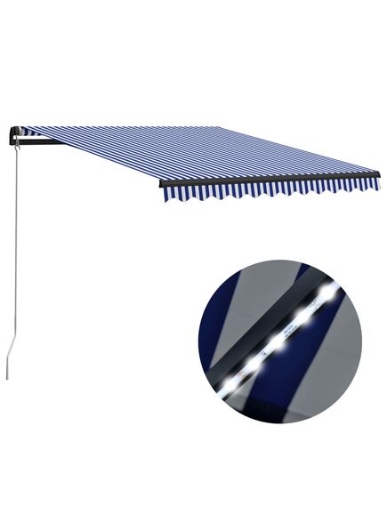 Copertină retractabilă manual cu led, albastru/alb, 300x250 cm