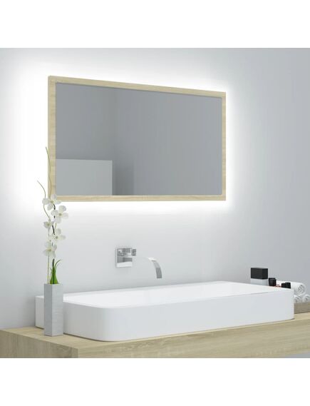 Oglindă de baie cu led, stejar sonoma, 80x8,5x37 cm, acril