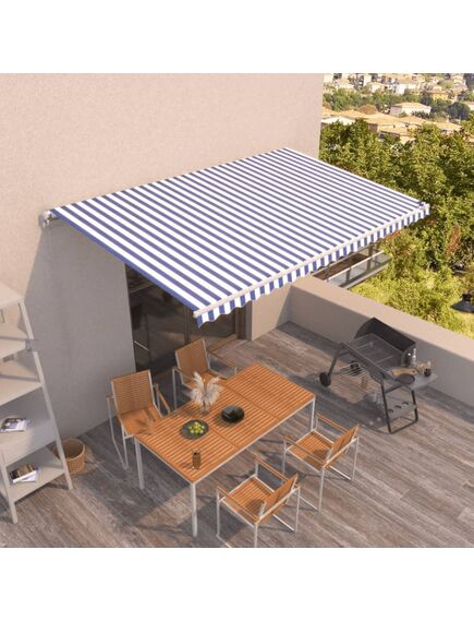 Copertină retractabilă manual, albastru și alb, 500x350 cm