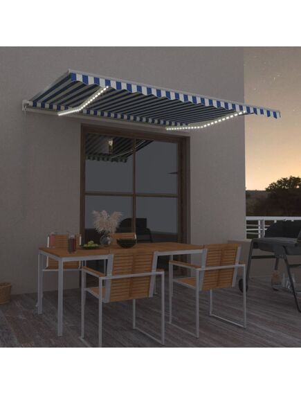 Copertină retractabilă manual cu led, albastru/alb, 400x350 cm