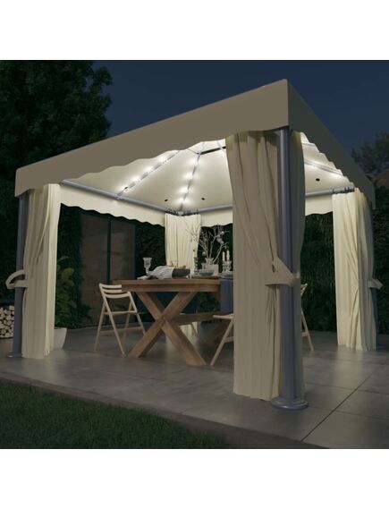 Pavilion cu perdele & șiruri lumini led, alb crem, 3x3 m