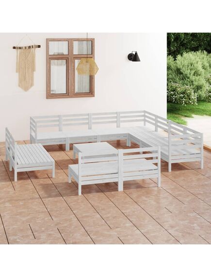 Set mobilier de grădină, 12 piese, alb, lemn masiv de pin