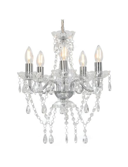 Candelabru cu mărgele de cristal, argintiu, rotund, 5 x e14