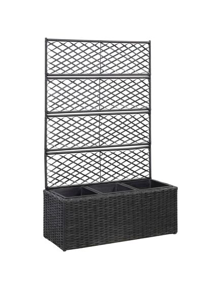 Strat înălțat spalier 3 ghivece negru 83x30x130 cm poliratan