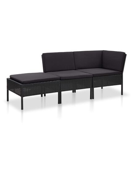 Set mobilier de grădină cu perne, 3 piese, negru, poliratan