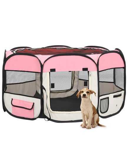 Țarc joacă pliabil câini cu sac de transport roz 125x125x61 cm