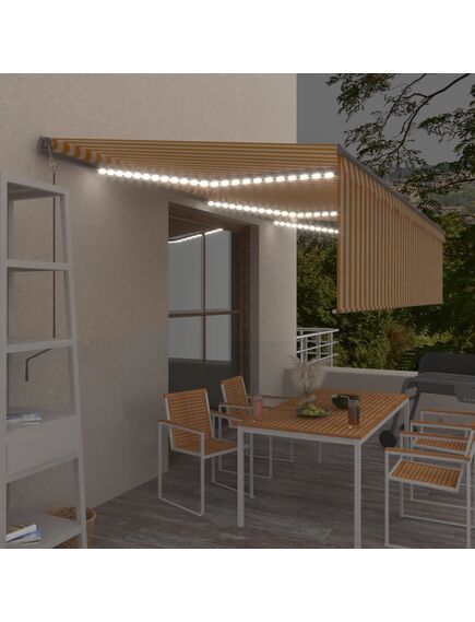 Copertină automată cu stor&led&senzor vânt, galben/alb, 6x3 m