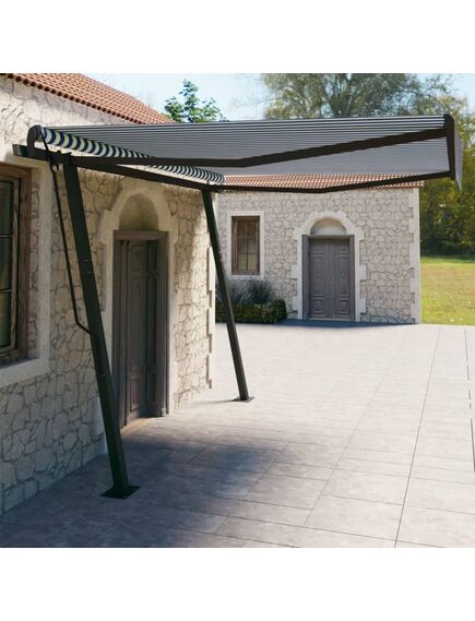 Copertină retractabilă manual, cu stâlpi, albastru/alb, 4x3 m