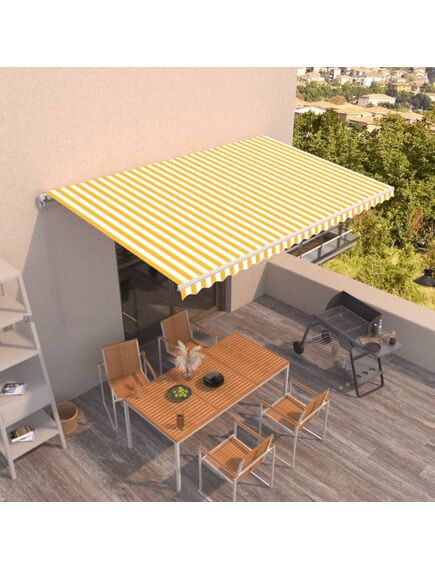 Copertină retractabilă manual, galben și alb, 500x350 cm