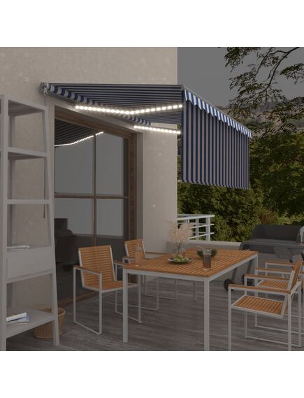 Copertină retractabilă manual cu stor&led albastru&alb, 3x2,5 m