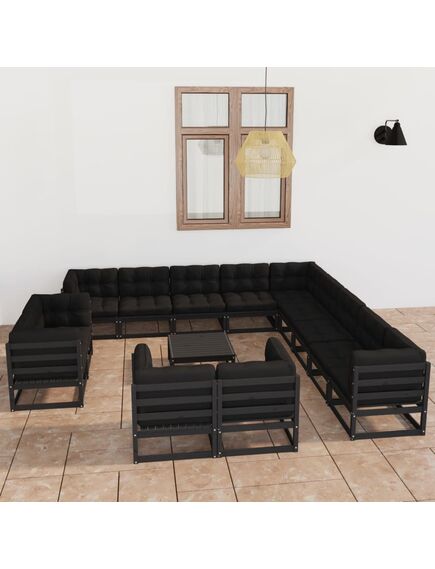 Set mobilier de grădină cu perne14 piese, negru, lemn masiv pin